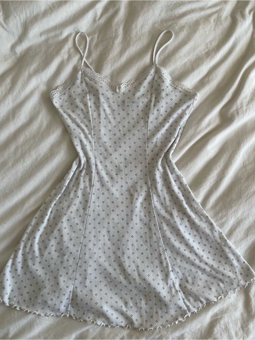 Arianne White Ribbed Slip With cotton lace trim and blue dotted diamonds